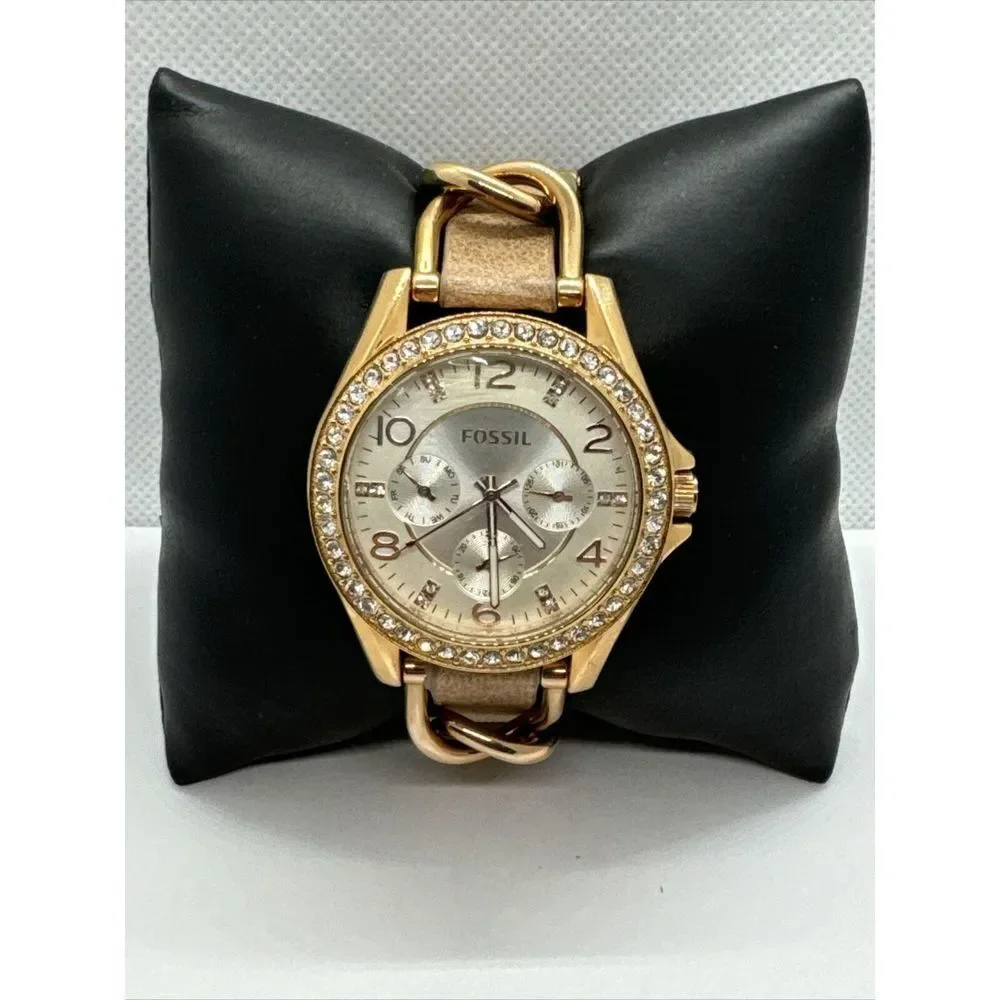 Fossil Riley ES3466 Women's Rose Gold-Tone Sand Leather Analog Dial Watch JNA310
